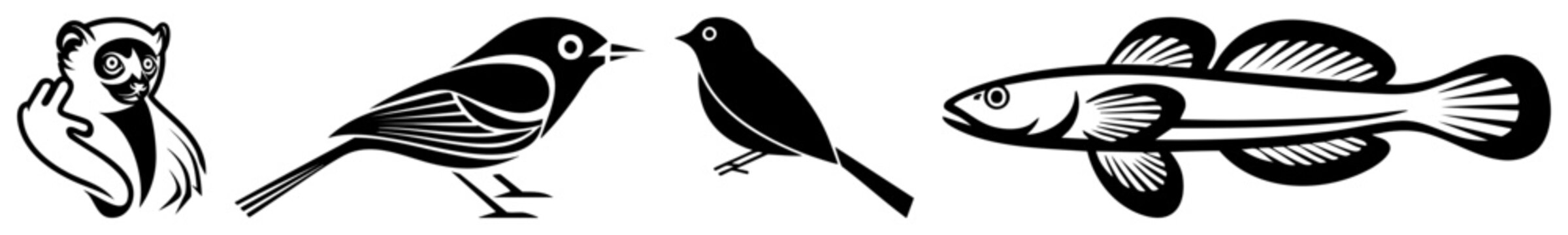Diverse collection of nature silhouettes featuring a cheeky, small songbirds, and a sleek fish. These animal use bold and high contrast shapes for a clean graphic look.