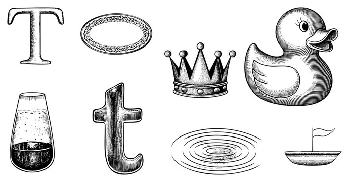 This collection showcases a classic bath toy or squeaky duck alongside ornate letterforms. A regal crown, ripples in water, and a small vessel complete this woodcut style assortment.
