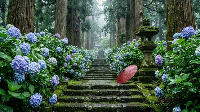 Japanese temple stone steps in rainy season with hydrangea ajisai cedar trees and red umbrella