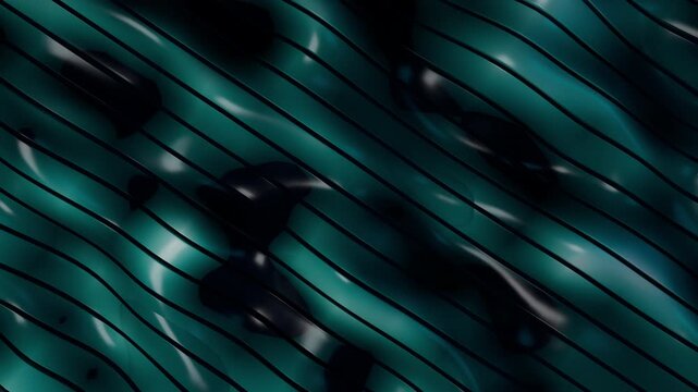 Abstract 3D turquoise and black liquid chrome waves loop. Futuristic dark cyan metallic fluid moving background 4K 24fps.