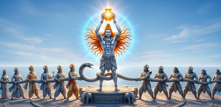 Majestic Shiva and Vasuki Samudra Manthan Sculpture