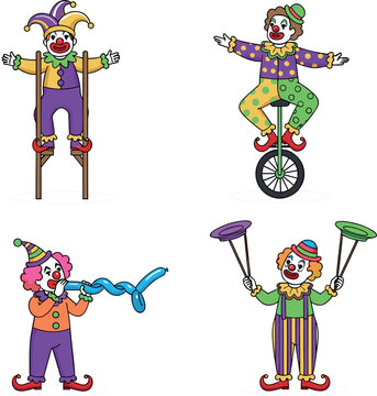 Funny Cartoon Circus Clown Character Set Performing with Stilts, Unicycle, Balloon Animals, and Spinning Plates for Kids Birthday Parties and Carnival EntertainmentFunny Cartoon Circus Clown Character