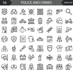 Police and law enforcement line icon set featuring patrol cars, officer gear, and public safety symbols. © Saad