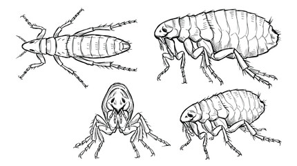 Fototapeta premium A detailed black and white illustration showcasing the anatomy of fleas from various angles, including a larval stage.
