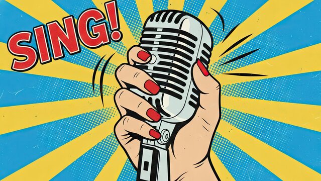 Hand holding vintage microphone with sing comic text.