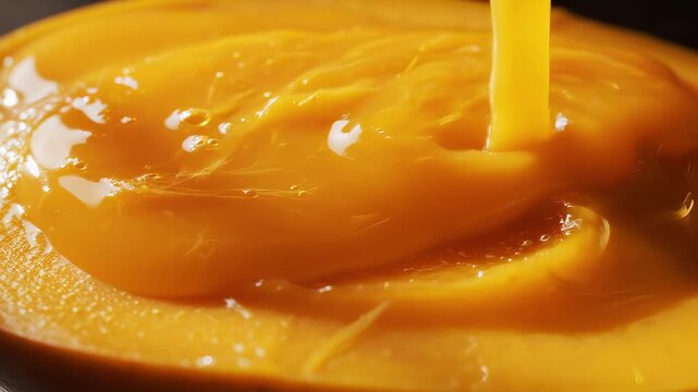 Mango puree pouring on yellow fruit cream, sweet food advertising background