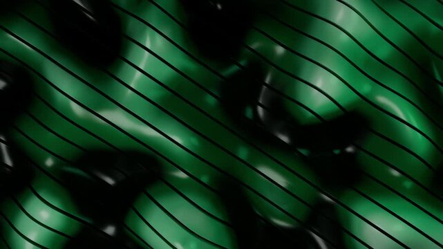 Abstract 3D emerald green and black liquid chrome waves seamless loop. Futuristic dark jade metallic fluid moving background 4K 24fps.