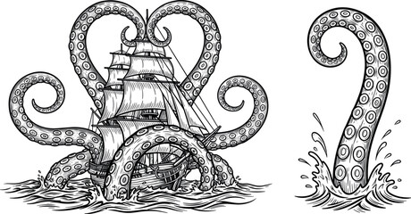 Vintage Nautical Kraken Monster Attacking Sailing Ship Illustration with Giant Octopus Tentacles Crushing Sailboat for Tattoo, T-shirt, and Mythological Sea Graphic DesignsVintage Nautical Kraken Mons © Bijoy