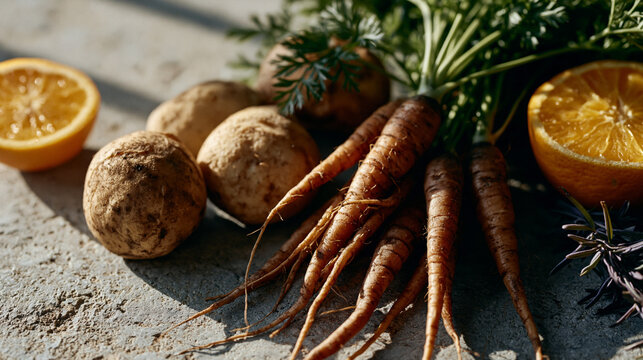 Culinary distributor photographing misshapen ugly produce items arranged on a concrete surface for an online marketplace listing, the symbolic still life of knobby potatoes,
