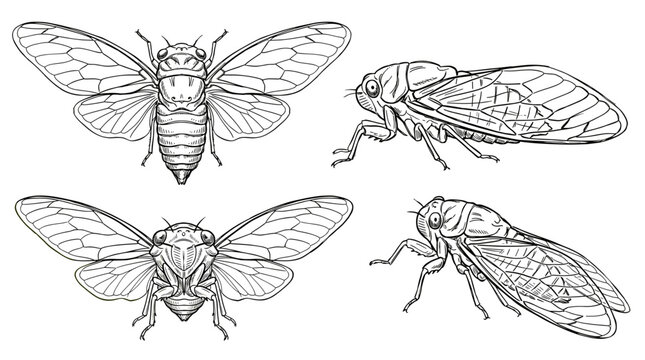 Four detailed black and white line drawings of a cicada, showcasing its anatomy from different angles including top, bottom, and side views.