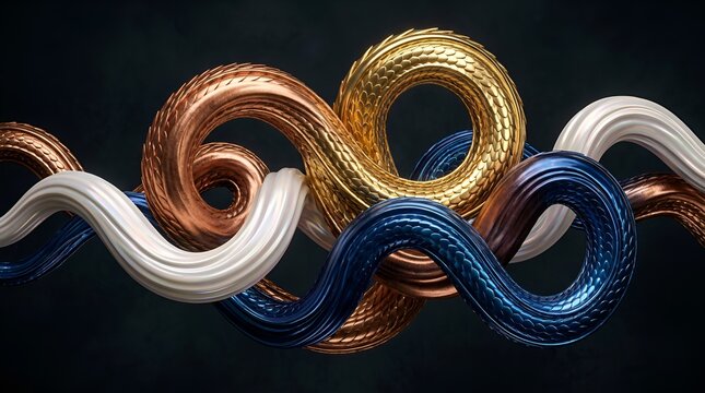 Abstract 3D intertwined metallic dragon snake bodies with scales.