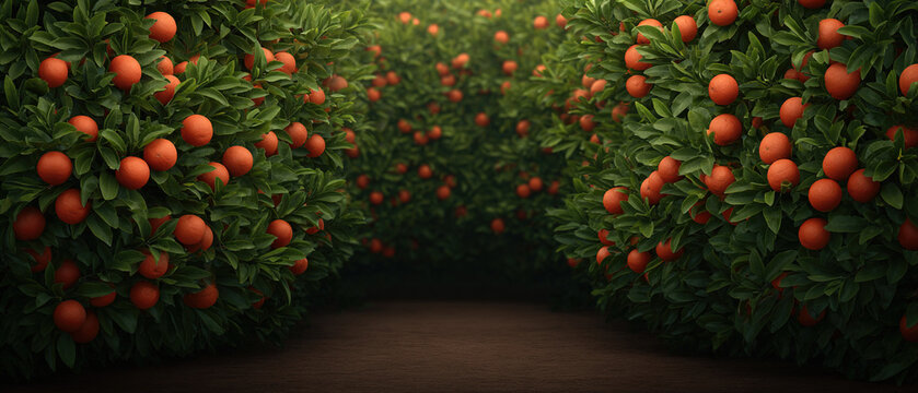 An intricate network of DNA strands intertwining with lush fields of genetically modified fruit trees