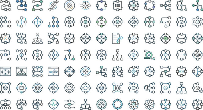 Business process workflow icons set with optimization automation management system network data structure connection diagram analytics elements