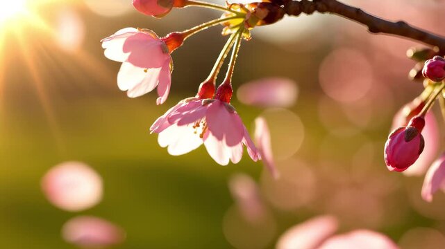 Cherry blossoms opening in sunlight against soft spring background with copy space