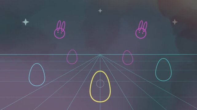 Neon Easter Rabbits and Eggs Graphic Animation on a Grid Background