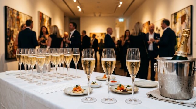 Champagne flutes in art gallery with ice bucket and clean reception table composition