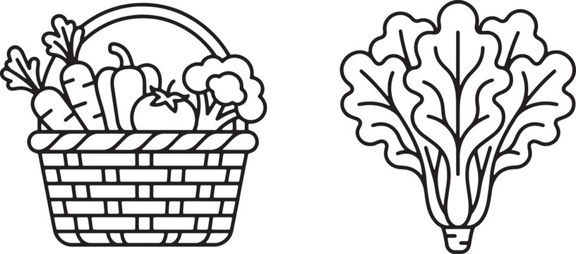 Art & Illustration, Fresh grocery basket with harvest vegetables and lettuce leaf