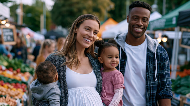 interracial couple in their thirties walking a toddler through a farmers market, one partner visibly pregnant, multiracial family everyday life, crowded outdoor stalls with produce, candid parenting