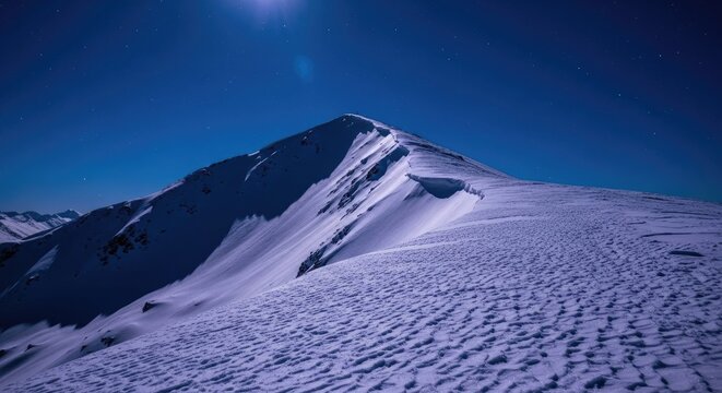 Dramatic snowy mountain peak under a dark blue sky.