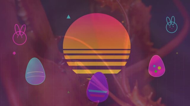 Retro Synthwave Style Easter Background with Neon Eggs and Rabbit Icons