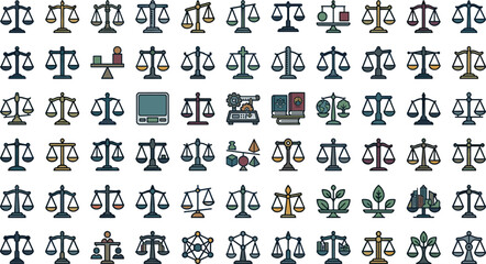 Obraz premium Legal law justice scale vector icon set with weight balance courtroom attorney judge judgment ethics and equality