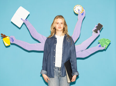 Woman multitasking to manage hyper productivity and time pressure