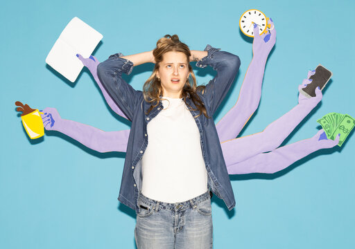 Overwhelmed woman multitasking with various paper arms