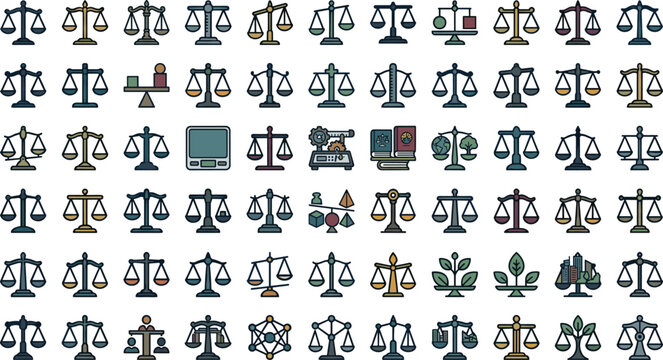 Legal law justice scale vector icon set with weight balance courtroom attorney judge judgment ethics and equality