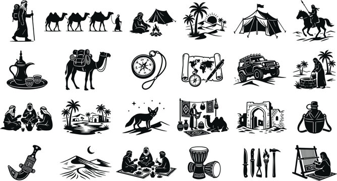 Desert adventure and arabian culture vector icon set featuring camels bedouin nomads dunes oasis and middle eastern heritage elements in black silhouette style
