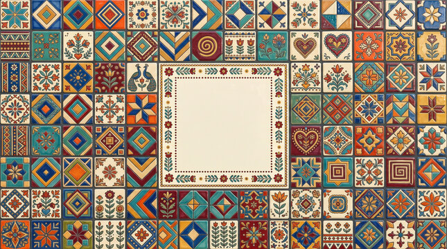 Vibrant geometric tile patchwork pattern in colorful mosaic wall design