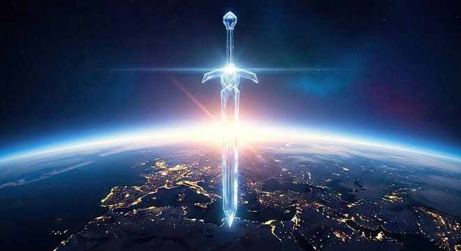 Glowing blue sword floating above Earth at night.