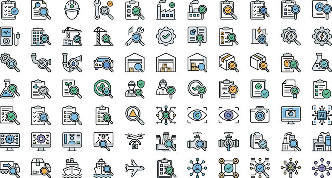 Quality control industrial inspection vector icon set with checklist factory logistics warehouse logistics magnifying glass and drone
