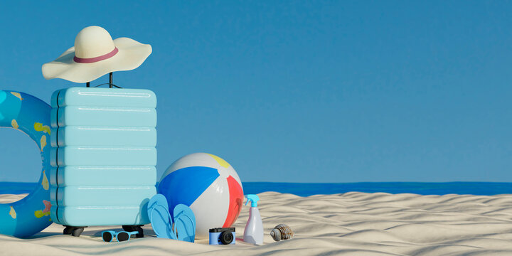 3D render of summer luggage and beach accessories on the sand