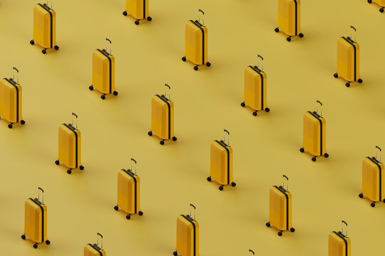 3D rendering of yellow suitcases arranged in a grid pattern