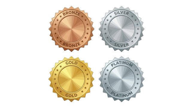 Four metallic circular award badges featuring gold silver bronze and platinum finishes in vector graphic design