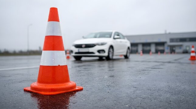Driving Safety Training with Cones on Wet Asphalt Road in Outdoor Area
