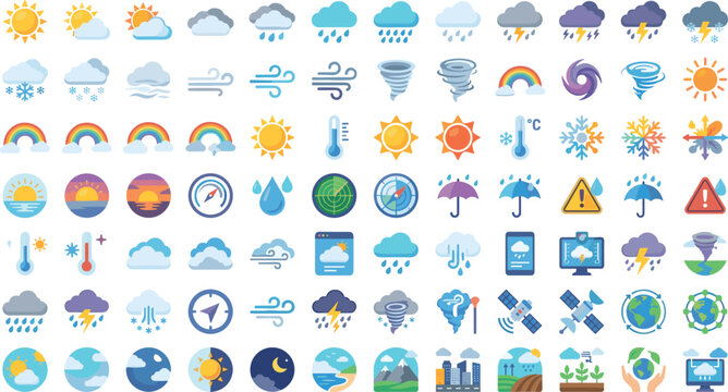 Weather forecast climate condition vector icon set with sun clouds rain snow thunderstorm rainbow tornado and thermometer
