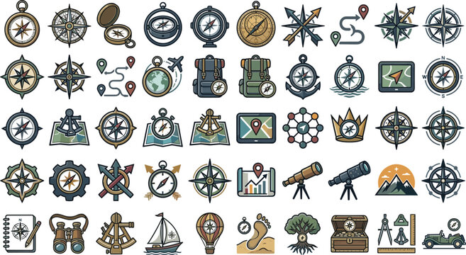 Navigation compass map geography vector icon set with vintage explorer marine route telescope backpack telescope and mountain