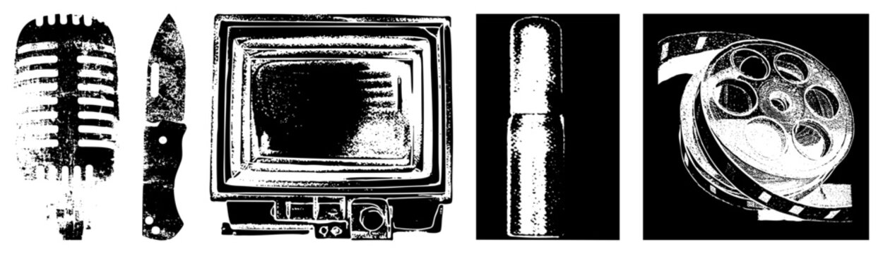 Gritty collection featuring a classic studio mic, a tactical blade, a retro, a single bullet, and an old film reel. This stencil set includes various junk gear and analog relics.