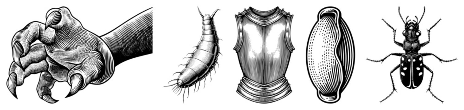 Detailed woodcut style illustrations featuring a talon, a tiny springtail, ornate cuirass, an egg, and a predatory beetle. These etched sketches capture various biological and metal forms.