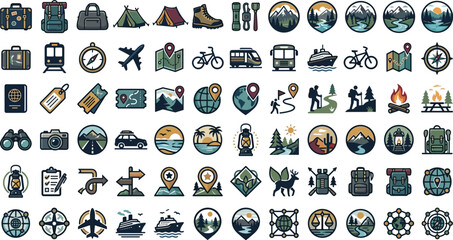 Travel camping outdoor adventure vector icon set with mountains tent backpack map luggage compass plane badge bonfire © MdNipon
