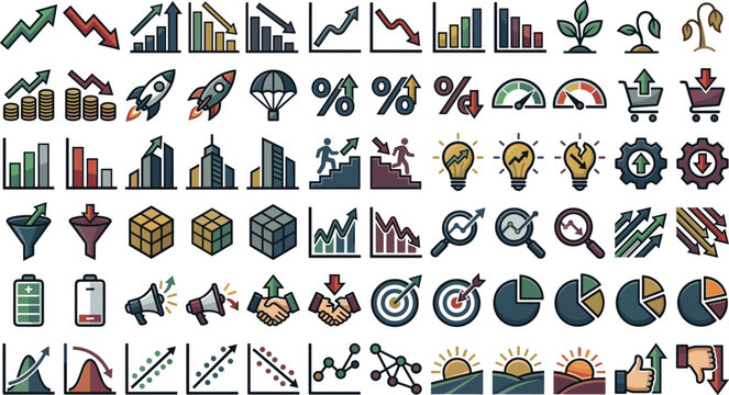 Business finance graph data analytics vector icon set with market trend growth chart arrow revenue and investment