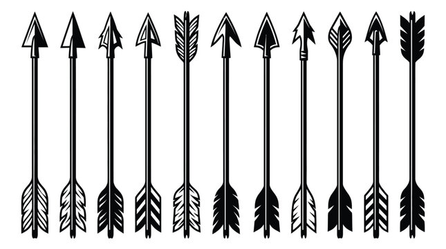 A collection of black and white vector arrow illustrations featuring various sharp tribal head designs