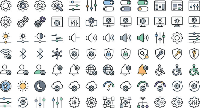 Digital system options configuration vector icon set with cogwheel slider button adjustment parameter maintenance security network interface