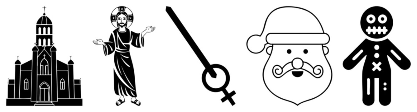 This collection features a sacred, Christ, a mystical staff, Nick, and a spooky voodoo doll. These black and white glyphs offer diverse symbolic.