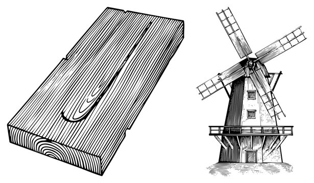 Detailed wood timber slab and a classic windmill, also known as a windpump, in a high contrast style. This lumber and windmill pair features fine hatching and rustic textures.