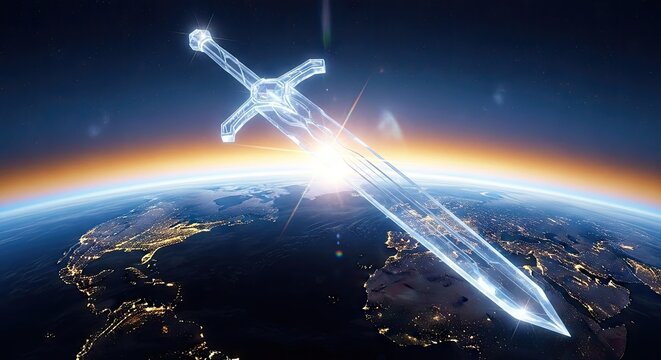 Translucent crystal sword above Earth during sunset.