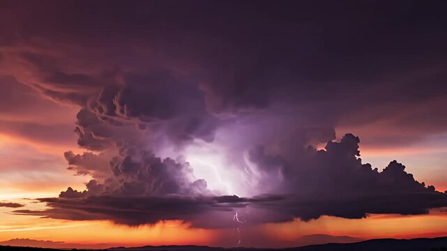 Lightning bolts discharging inside cumulonimbus clouds during purple sunset over a distant dark horizon