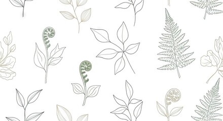 Obraz premium Minimalist botanical line art pattern of leaves and ferns.