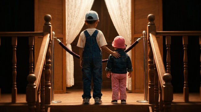 Two children standing at theater entrance